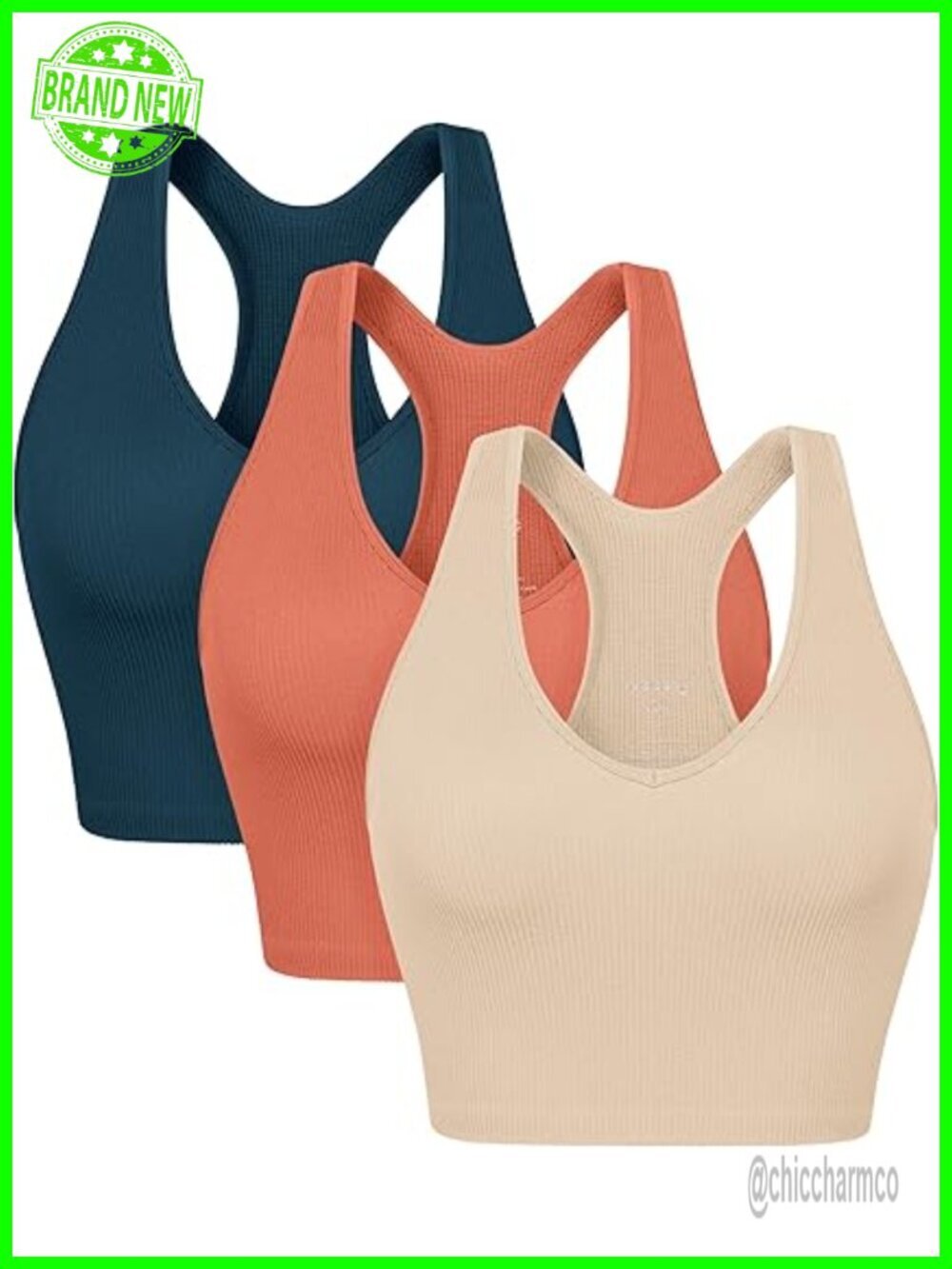 Seamless Racerback Crop Tank Ribbed Knit Soft Active Top 3-Pack
